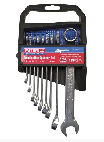 Faithfull Chrome Vanadium Combination Spanner Set, 9 Piece