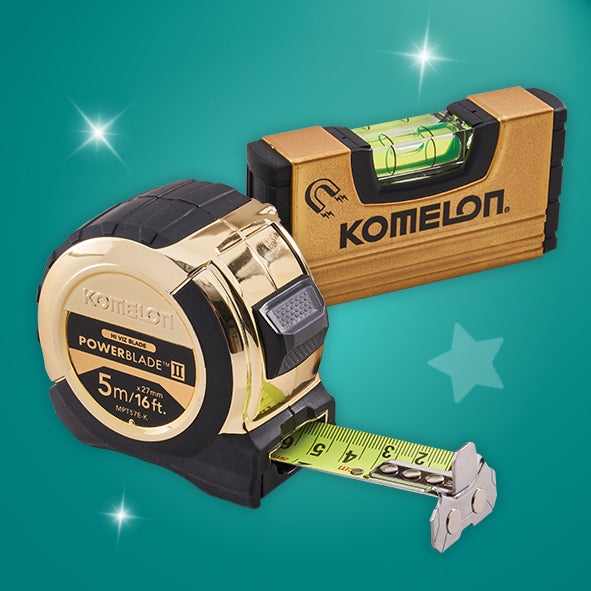 Komelon 5m (16ft) Gold PowerBlade Tape with FREE Mini Level