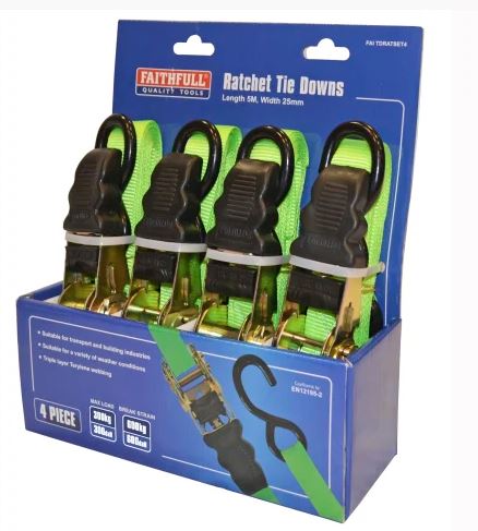 Faithfull Ratchet Tie-Downs 5m x 25mm Green 4 Piece