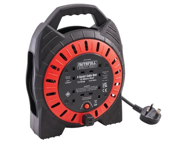 Faithfull Semi-Enclosed Cable Reel 240V 13A 4-Socket 10m